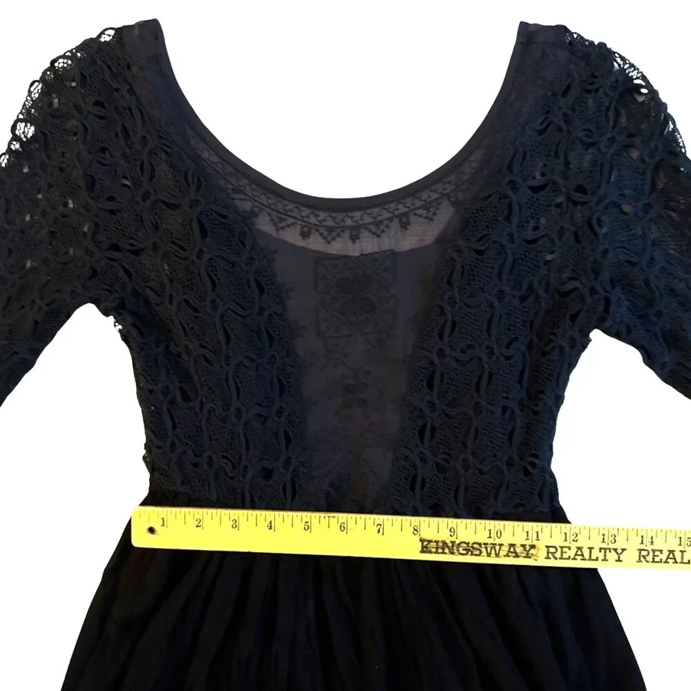 Free People Lonesome Dove Midi Dress Size 6 Black Crochet Knit Lace Whimsigoth
